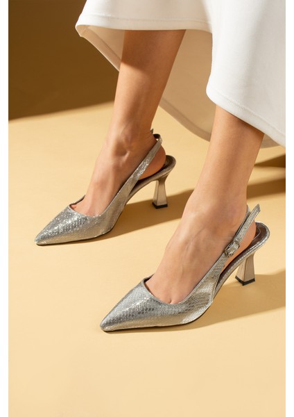 Kroko Desenli Sivri Burun Arkası Açık Slingback Kadın Topuklu Ayakkabı 71-633-25BASKI