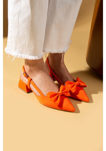 Sivri Burun Fiyonk Detaylı Saten Kumaş Slingback Kadın Topuklu Ayakkabı 87-141-25saten