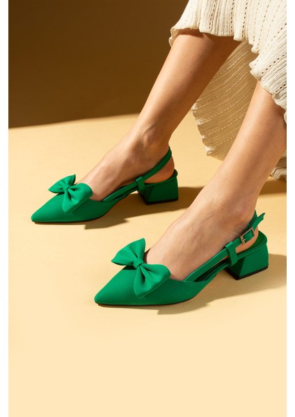 Sivri Burun Fiyonk Detaylı Saten Kumaş Slingback Kadın Topuklu Ayakkabı 87-141-25saten