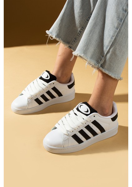 Kalın Bağcıklı Şerit Detaylı Rahat Taban Kadın Sneakers 001-3458-25SIYAH