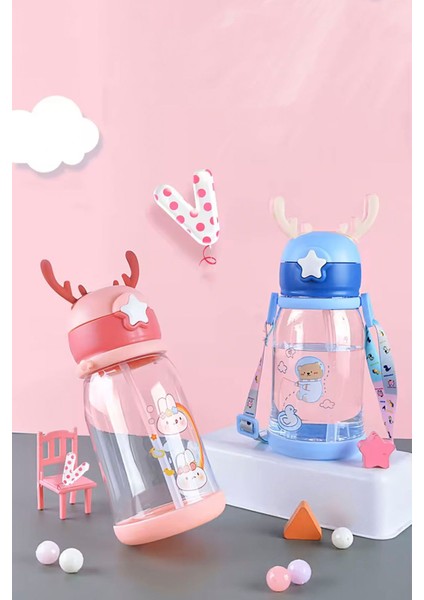 Geyik Figürlü Pipetli Taşıma Askılı Çocuk Matarası 500 ml Sevimli