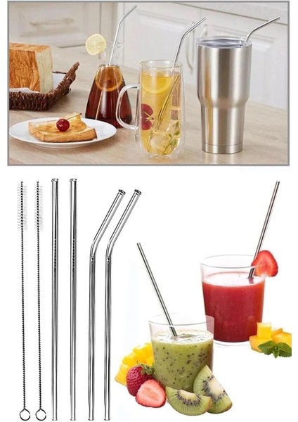 Metal Pipet - Paslanmaz Çevre Dostu Metal Pipet Fırça Seti 5 Parça