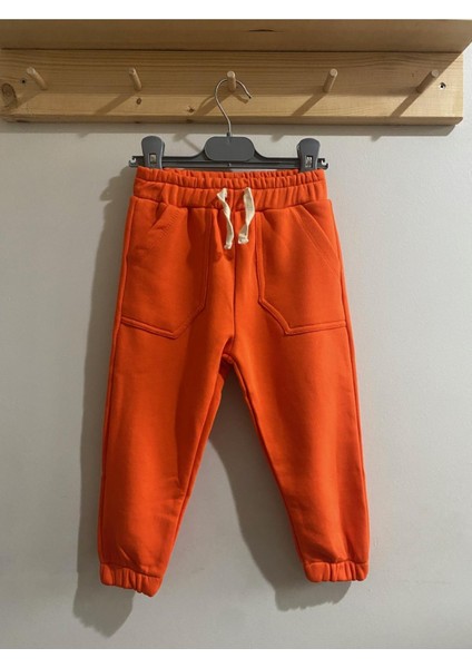 Unisex 3 Iplik Pamuklu Kalın Beli Lastikli Eşofman Altı Turuncu