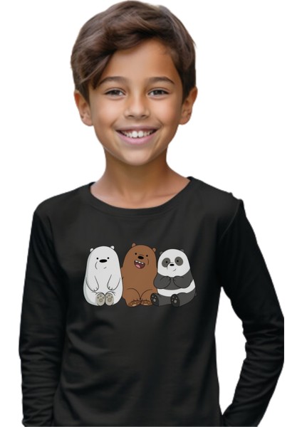 Sevimli Ayı Baskılı Panda Uzun Kol Çocuk Tişört Siyah Unisex