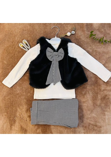 Kız Çocuk Peluş Yelekli Fiyonk Detaylı Takım 3'lü(Kareli Pantolonlu) fiyatları