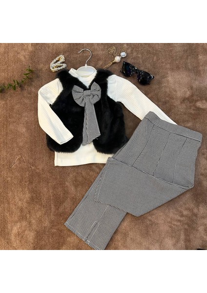 Kız Çocuk Peluş Yelekli Fiyonk Detaylı Takım 3'lü(Kareli Pantolonlu) modelleri
