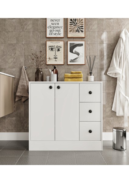 Neva Mdf 2 Kapaklı 3 Çekmeceli Çok Amaçlı Dolap Banyo Dolabı Soft Beyaz