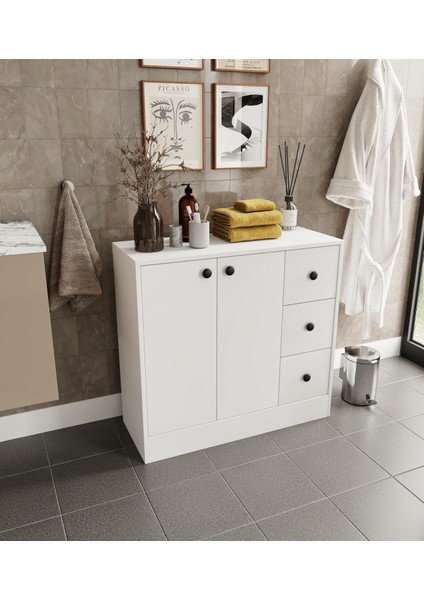 Neva Mdf 2 Kapaklı 3 Çekmeceli Çok Amaçlı Dolap Banyo Dolabı Soft Beyaz modelleri