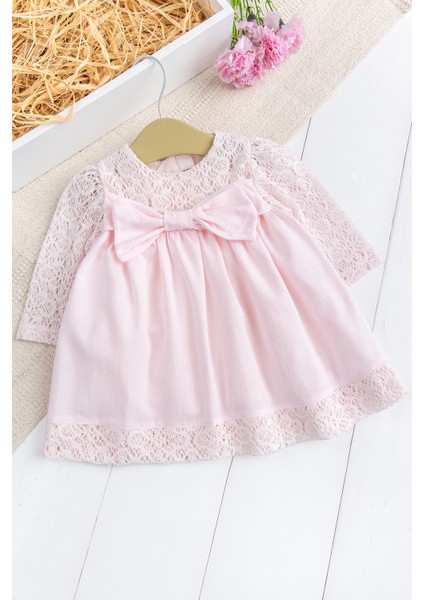Fiyonklu Dantelli Kız Bebek Elbise Pembe Şık Doğum Günü Özel Gün Bebek Elbise