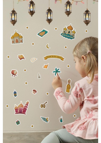 Sevimli ramazan figürleri çocuk bebek odası duvar cam dolap kitap mini sticker seti 123 parça modelleri