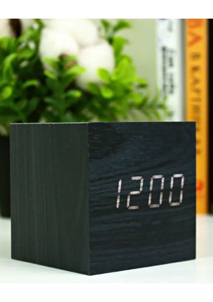 USB ve Pilli Ahşap Sensörlü Isı Ölçer Alarmlı Mini Küp Çalar Masa Saati 6.5cm
