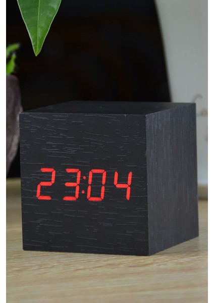 USB ve Pilli Ahşap Sensörlü Isı Ölçer Alarmlı Mini Küp Çalar Masa Saati 6.5cm