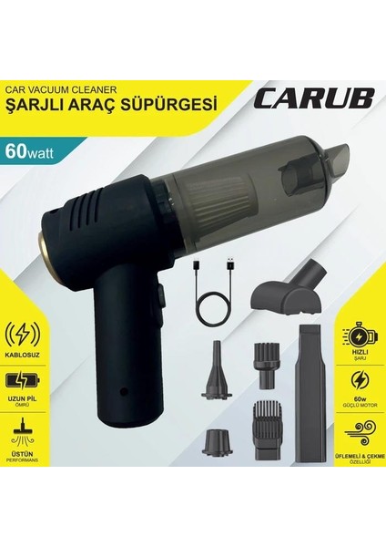 Oto Araç Içi Süpürge 60W Şarjlı Kablosuz Lüx Üfleme, Çekme ve Hızlı Şarj Özellikli fiyatları
