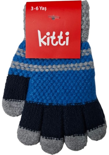 Spteks Kitti 3-6yaş Erkek Gri ve Mavi Renk Anaokulu Kışlık Örme Eldiven