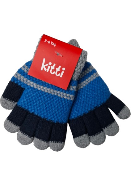 Spteks Kitti 3-6yaş Erkek Gri ve Mavi Renk Anaokulu Kışlık Örme Eldiven