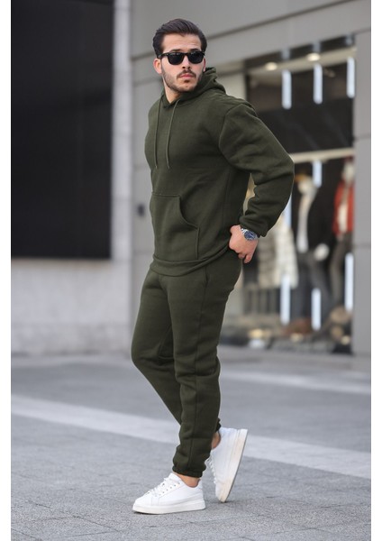 Erkek Haki 3 Iplik Şardonlu Alt Üst Spor Eşofman Takımı Içi Polar Oversize Beden Lastikli Paça