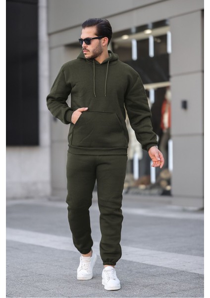 Erkek Haki 3 Iplik Şardonlu Alt Üst Spor Eşofman Takımı Içi Polar Oversize Beden Lastikli Paça modelleri