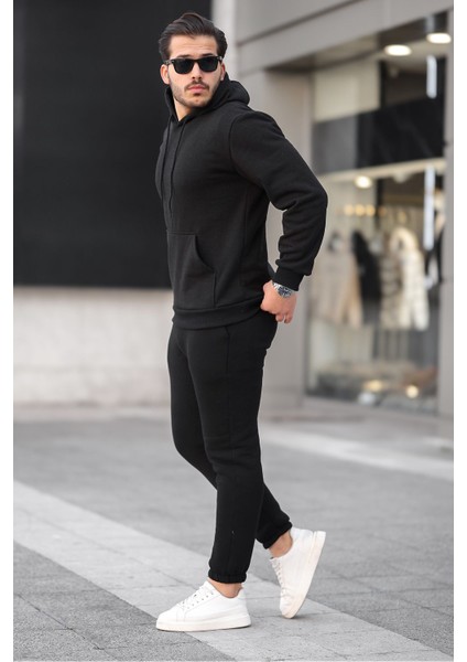 Erkek Siyah 3 Iplik Şardonlu Alt Üst Spor Eşofman Takımı Içi Polar Oversize Beden Lastikli Paça