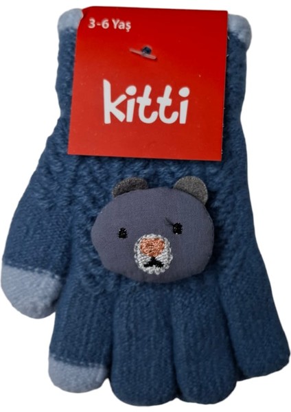 Spteks Kitti 3-6 Yaş Erkek Koyu Mavi Renk Anaokulu Ayıcık Figürlü Örme Kışlık Eldiven