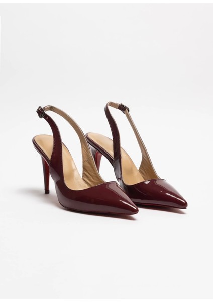 Hayyshoes Agena – Mürdüm Rugan Stiletto Hakiki Deri Astarlı Arkası Açık Tokalı Topuklu Ayakkabı