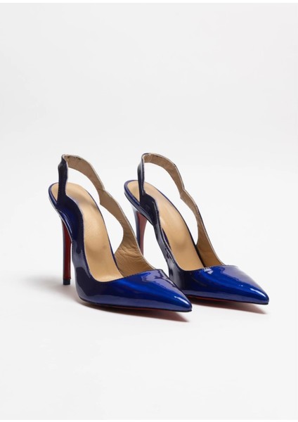 Hayyshoes Arcturus – Mavi Aynalı Rugan Stiletto Hakiki Deri Astarlı Arkası Açık Love Topuklu Ayakkabı