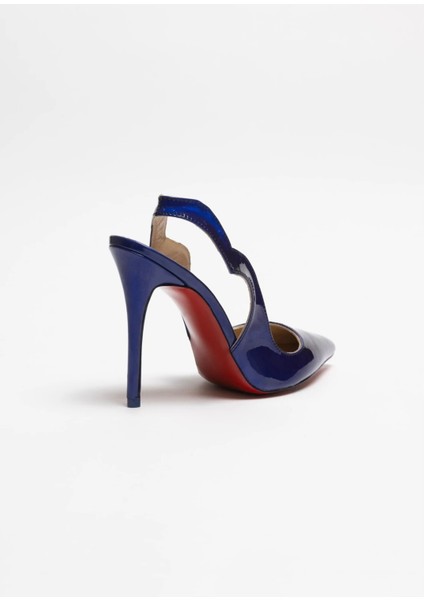 Hayyshoes Arcturus – Mavi Aynalı Rugan Stiletto Hakiki Deri Astarlı Arkası Açık Love Topuklu Ayakkabı