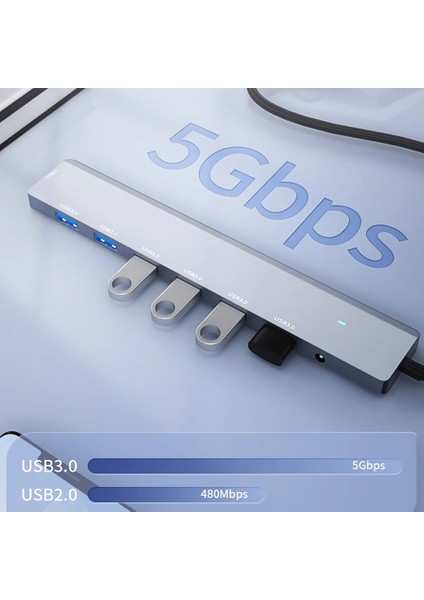 7in1 Type-C To USB Çoklayıcı 7 Port Usb3.0 Hub Power Güç Destekli 5gbps High Speed