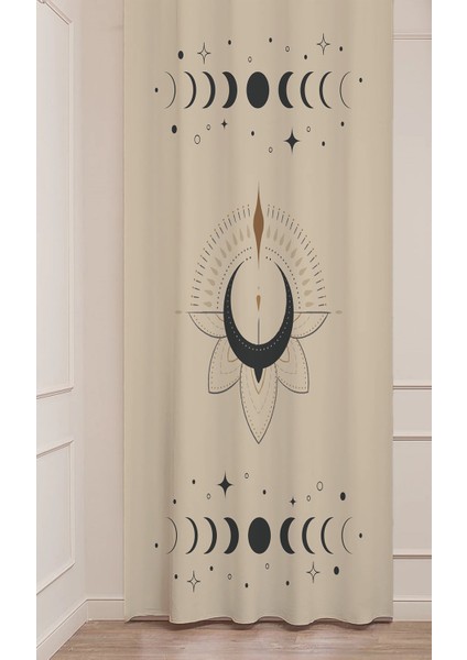 Bohem Ay Yıldız Nur Lotus Çiçeği Mandala Dijital Baskılı Özel Tasarım (Tek Kanat) Bej Şık Fon Perde