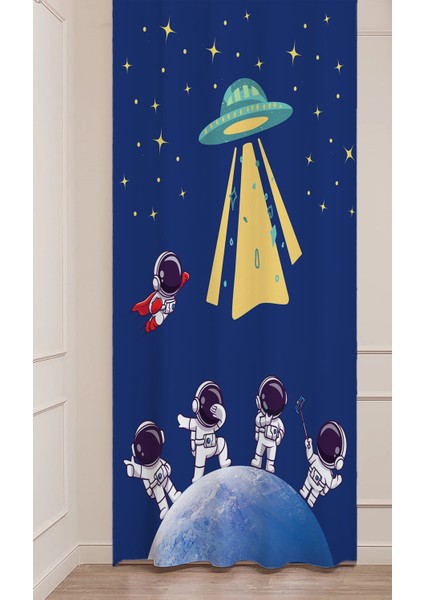 Astronot Uzay Gezegen Ay Yıldız Özel Tasarım Dijital Baskılı (Tek Kanat) Modern Çocuk Oda Fon Perde