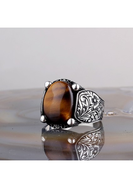 Kaplan Gözü Taşlı Kalem İşleme Model 925 Ayar Gümüş Erkek Yüzük fiyatları