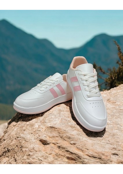 Beyaz-Pudra Iki Bant Unisex Günlük Sneaker Spor Ayakkabı