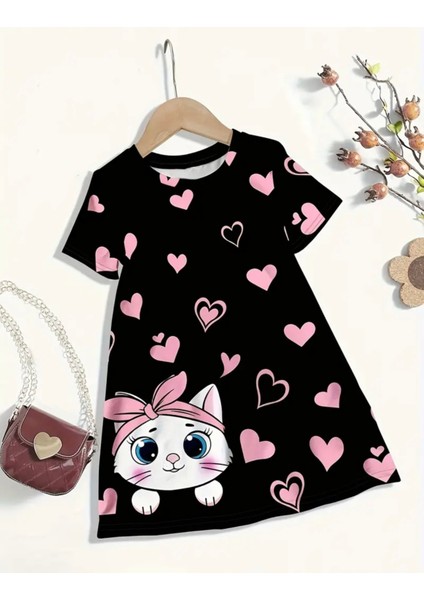 Özel Tasarım Pembe Kalpler Kedicik Baskılı Kısa Kollu Yazlık Kız Çocuk Elbise