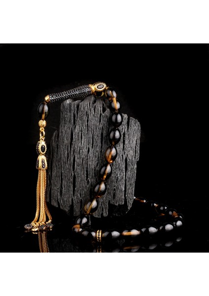 925 Ayar Gümüş Zirkon Taşlı Set Püsküllü Çift Renk Ateş Kehribar Tesbih