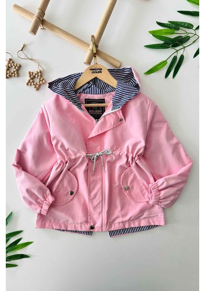Smile Işleme Detaylı Kız Çocuk Renkli yağmurluk - Pembe