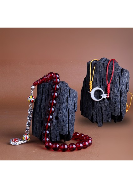 925 Ayar Gümüş Püsküllü Sarı Kırmızı Renk Ateş Kehribar Ayyıldız Bileklik Kombini modelleri