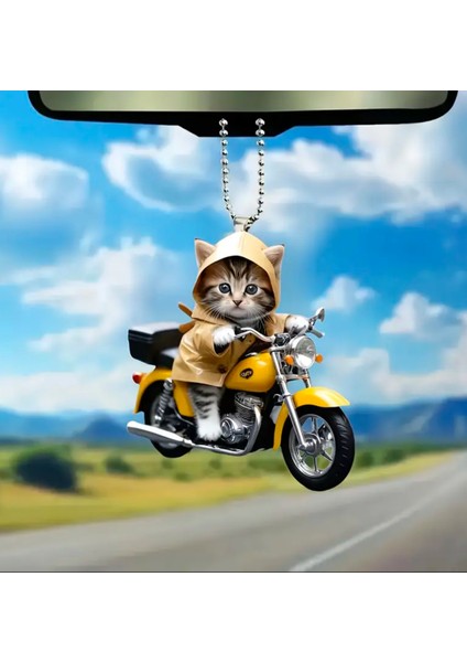 Motosikletli Kedi 2 Boyutlu Akrilik Dikiz Aynası Süsü 7X7CM