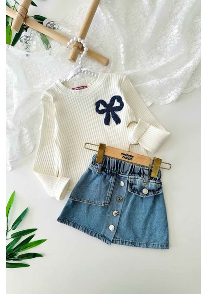 Kurdale Panç Işleme Detaylı Kapaklı Kot Etekli kız çocuk takım - Krem