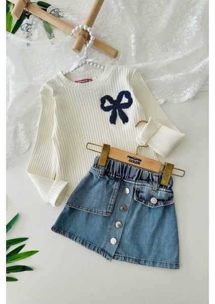 Kurdale Panç Işleme Detaylı Kapaklı Kot Etekli kız çocuk takım - Krem fiyatları