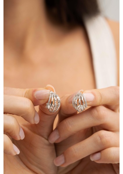 Kafes Tasarım Rodyumlu Gümüş Küpe 7027