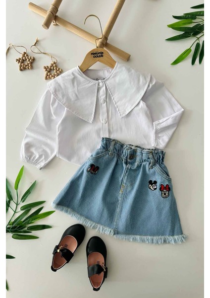 Mnn Işleme Detaylı Kot Etekli Kız Çocuk Çıt Çıtlı gömlek takım - Beyaz