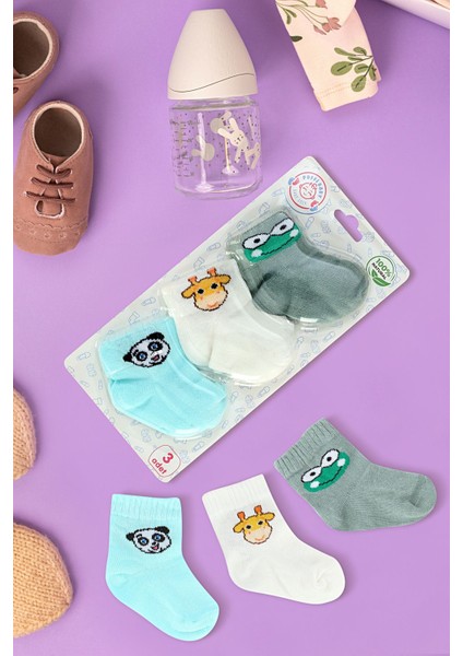 Poffibaby3'lü Sevimli Dostlar Kutulu Premium Organik Pamuk Unisex Bebek Çorabı