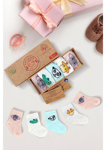 Poffibaby5 Li Sevimli Dostlar Kutulu Premium Organik Pamuk Unisex Bebek Çorabı