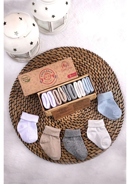 Poffibabyorganik Pamuk Unisex 5'li Kutulu Premium Yenidoğan Bebek Çorabı