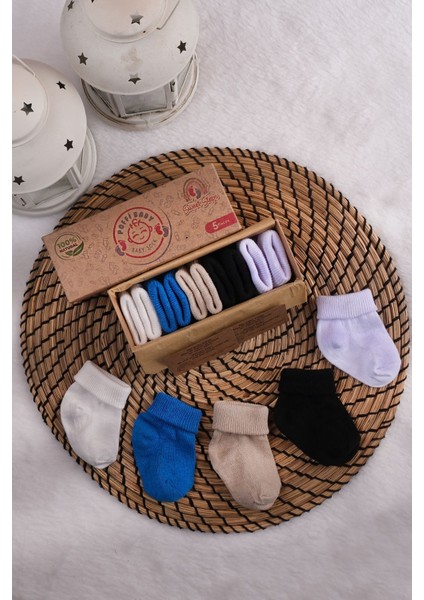 Poffibabyorganik Pamuk Unisex 5'li Kutulu Premium Yeni Doğan Bebek Çorabı