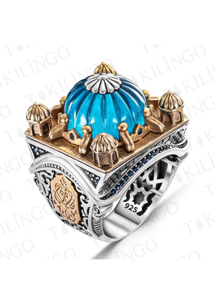 Islam Usta Kubbetül Sır Model Cami Motifli Kehribar Taşlı 925 Ayar Gümüş Erkek Yüzük fiyatları