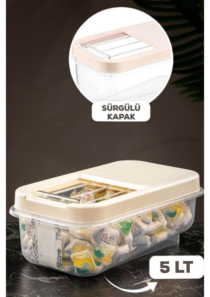 Saklama Kabı 7.5 Litre Kaydırak Kapaklı Krem Erzak Kabı Bakliyat Saklama Kabı