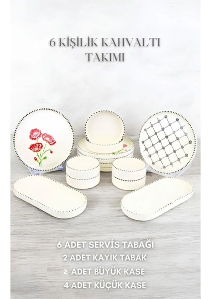6 Kişilik 14 Parça Gelincik Poppy Flower Desenli Kahvaltı Takımı - Lüx Kahvaltılık Sunum Seti Tabağı