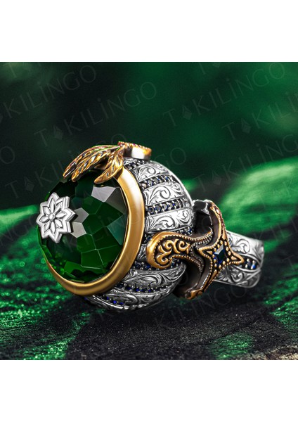 Islam Usta Saltanat Model 925 Ayar Gümüş Yeşil Zirkon Taşlı Kılıç Motifli Erkek Yüzük