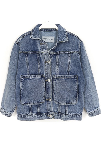 Sırtı Ayıcık Aksesuarlı Gömlek Yaka Kız Çocuk Kot Ceket Mavi 001-0001991