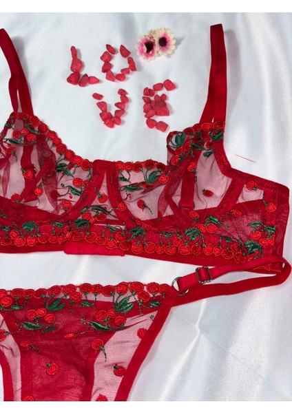 Kırmızı Kiraz Detaylı Dantelli Bralet Takım Sütyen Takımı (Sütyen&tanga)